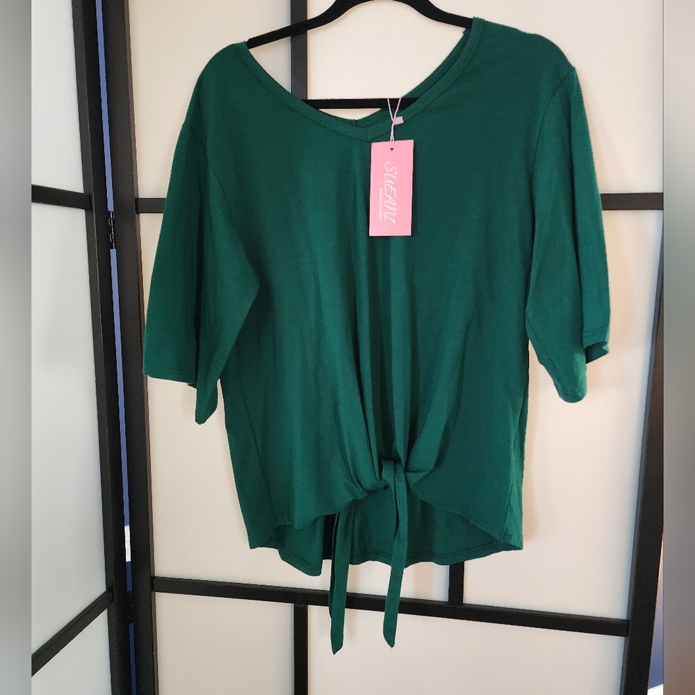 Women's Tie Waist Elbow Length Sleeve Green Top, L